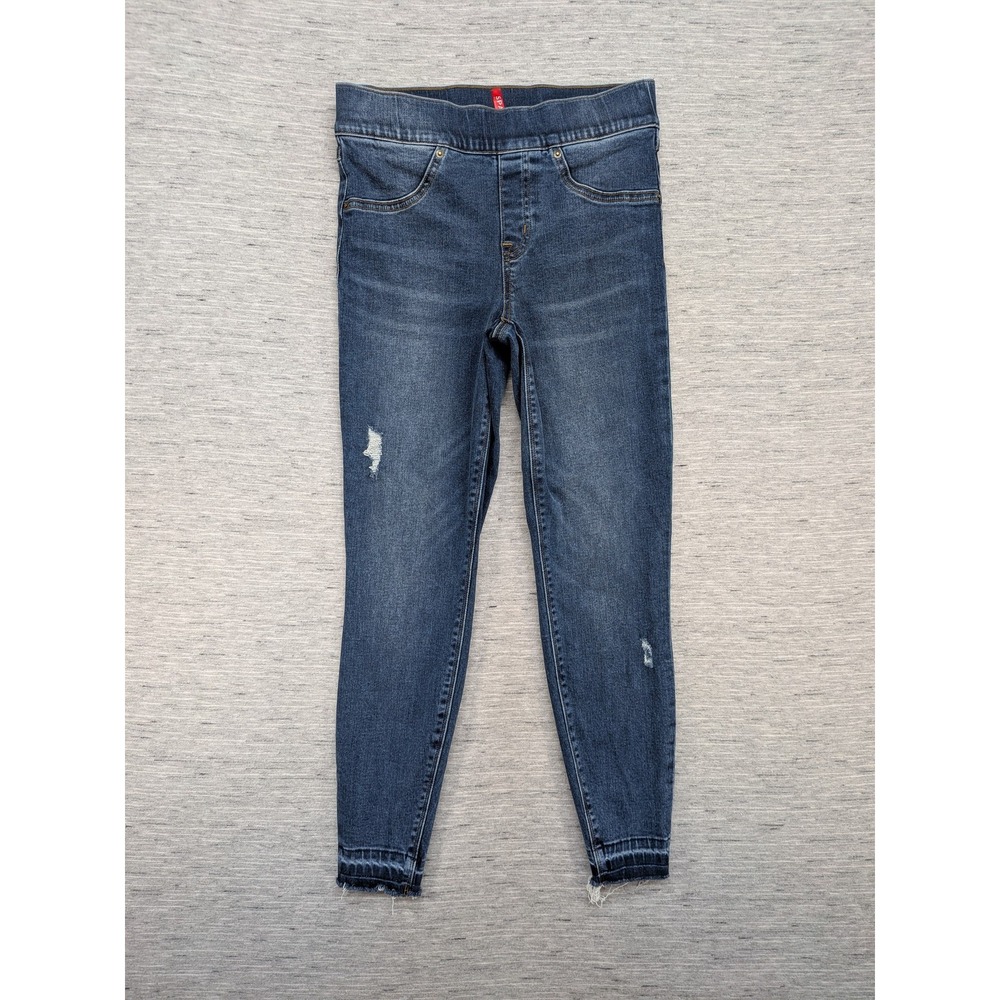 Spanx Jeans Womens Small Petite Blue Dark Wash Skinny Pull On Distressed Raw Hem